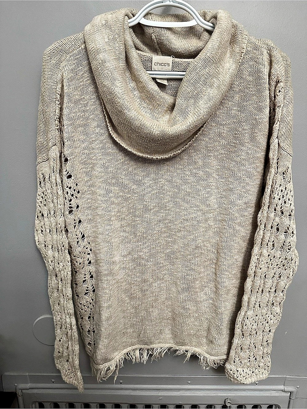 Chico's Cowl Neck Open Knit Fringe Sweater in Cream